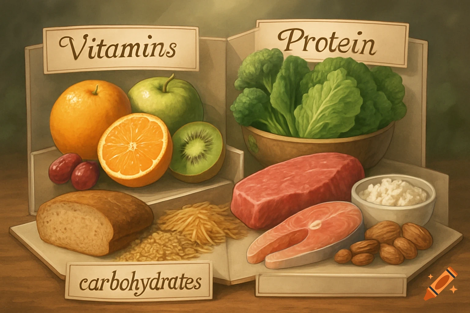 Illustrative diagram of food groups including vitamins (fruits), protein (meat, fish, greens, nuts), and carbohydrates (bread, grains).