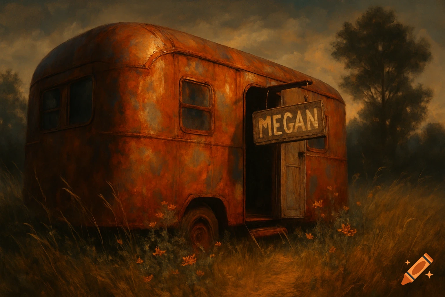 Painting of a rusty, old trailer with a 'MEGAN' sign, sitting in a golden grassy field with a dark, cloudy sky.