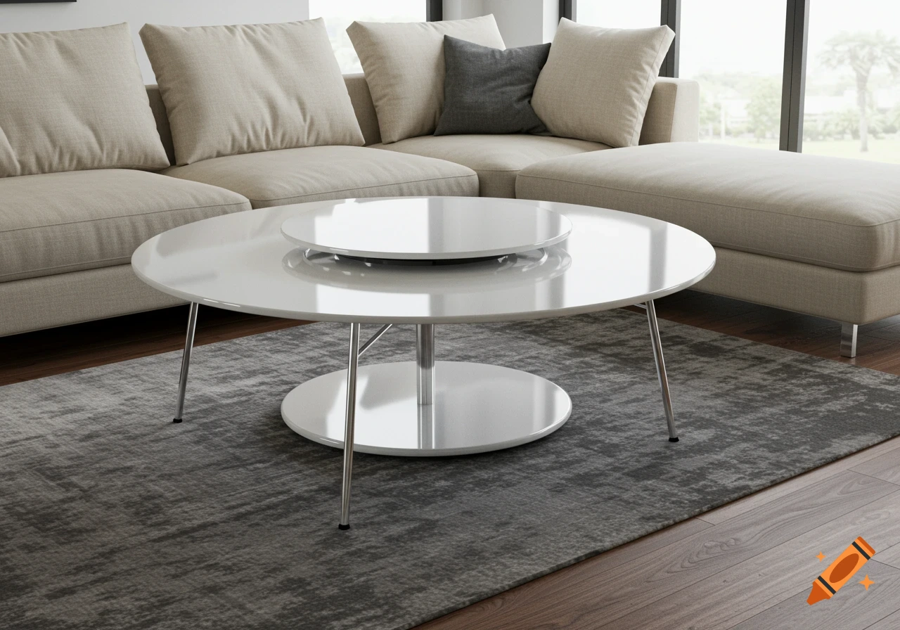 Photorealistic image of a modern living room with a beige sectional sofa, a gray abstract rug, and a white round spinable coffee table.