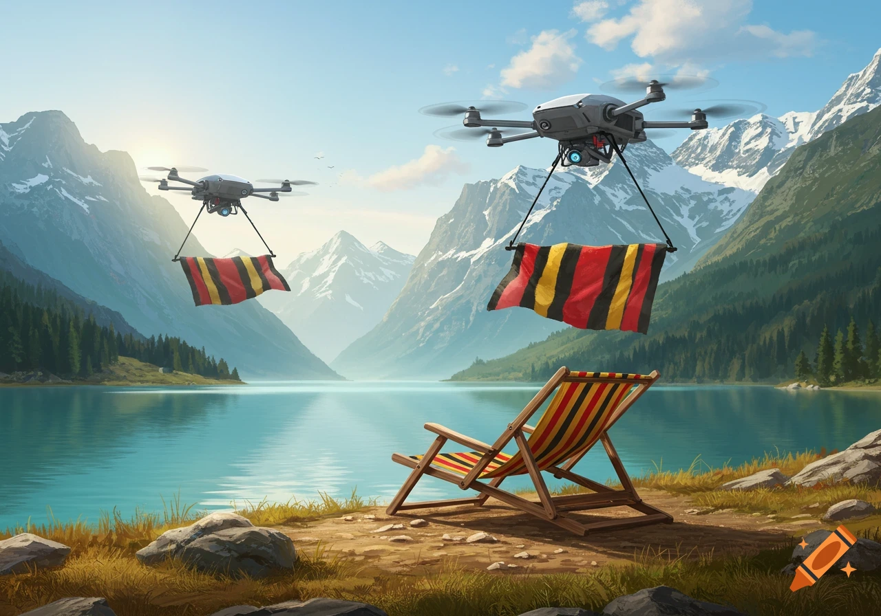 Two drones carry black, red, and yellow striped flags over a mountain lake with a matching sunbed on the shore.