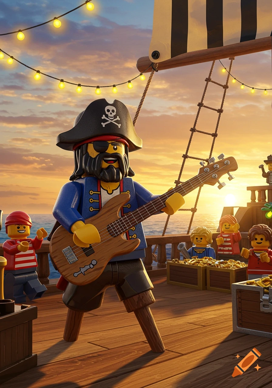 A Lego pirate with a wooden leg plays a bass guitar on a ship deck at sunset, with other Lego figures in the background.