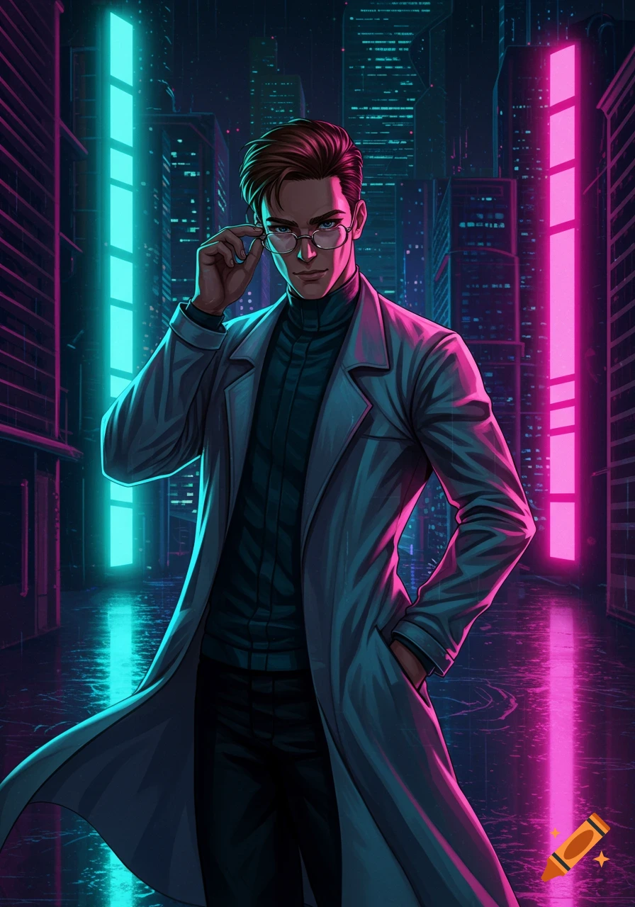 An anime man with slicked-back brown hair in a long coat, pushing up his glasses in a neon cyberpunk city.
