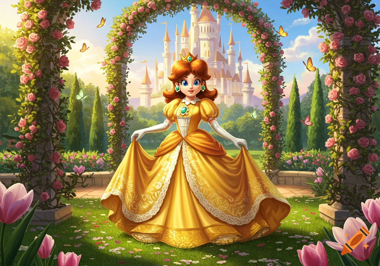 Princess Daisy in a yellow gown stands in a fairytale garden with a castle background and rose arches.