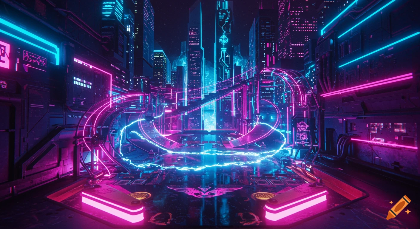 A neon-lit futuristic cyberpunk city with glowing blue and magenta buildings, reflected on a metallic pinball playfield with energy trails.