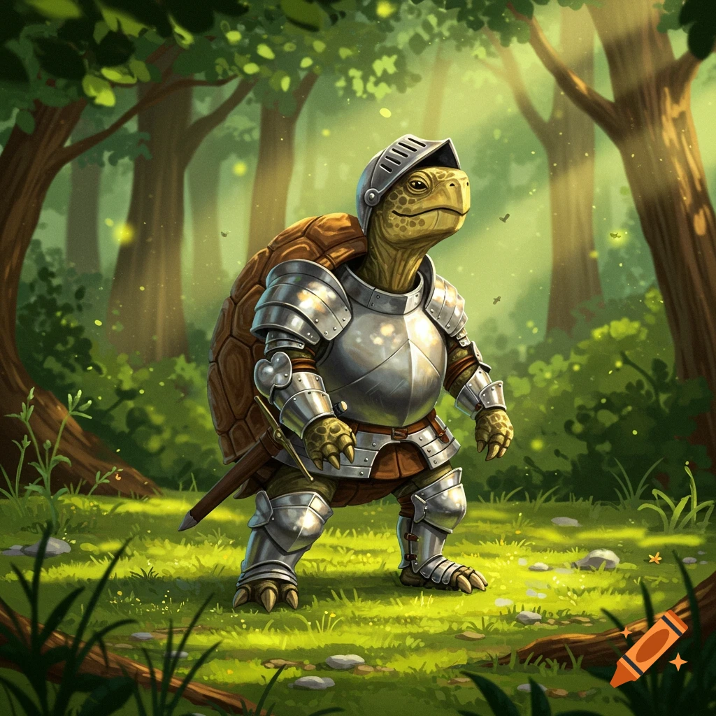 A cartoonish turtle wearing silver knight armor and a helmet stands in a sunlit green forest.