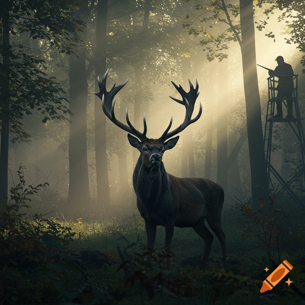A large stag with impressive antlers stands in a misty forest, looking towards the viewer. A silhouetted hunter is visible in a tree stand in the background, bathed in golden sunlight.