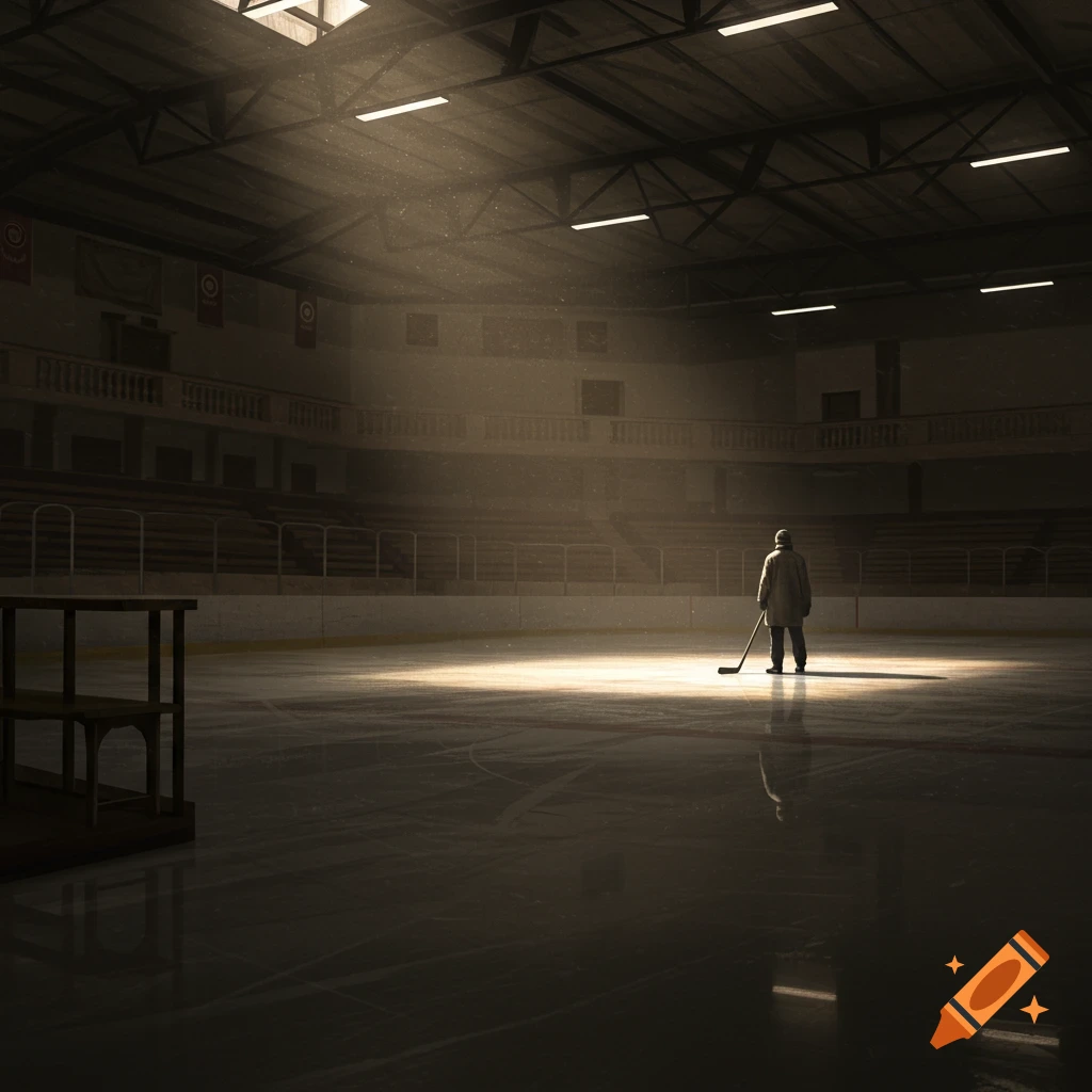 A lone coach stands on a dimly lit ice rink in an empty, old-style arena, casting a long shadow.