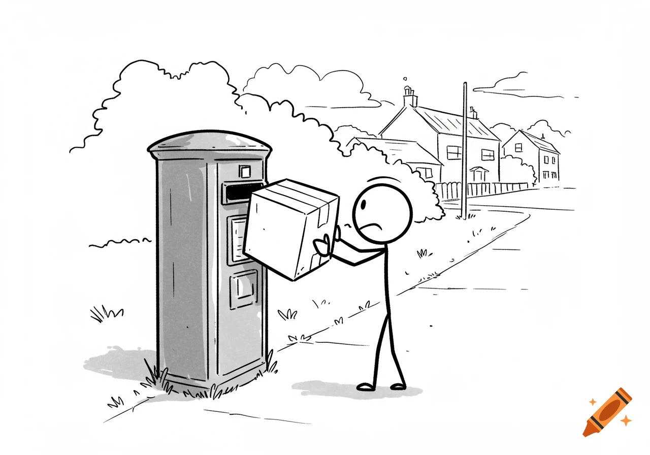 A stick figure struggles to fit an oversized package into a narrow mailbox slot on a street with houses, in a black and white comic line drawing style.