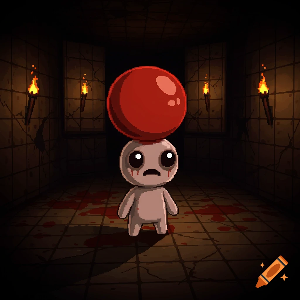 Pixel art character with a red ball on its head, standing in a dark, blood-splattered dungeon with torches.