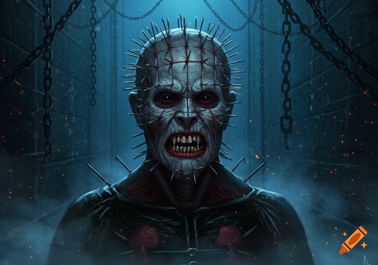 Digital illustration of Pinhead from Hellraiser, a terrifying figure with pins in his head and sharp teeth, surrounded by chains.