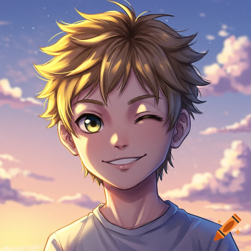 An anime boy with spiky blonde hair winks and smiles, illuminated by golden light against a cloudy sunset sky.