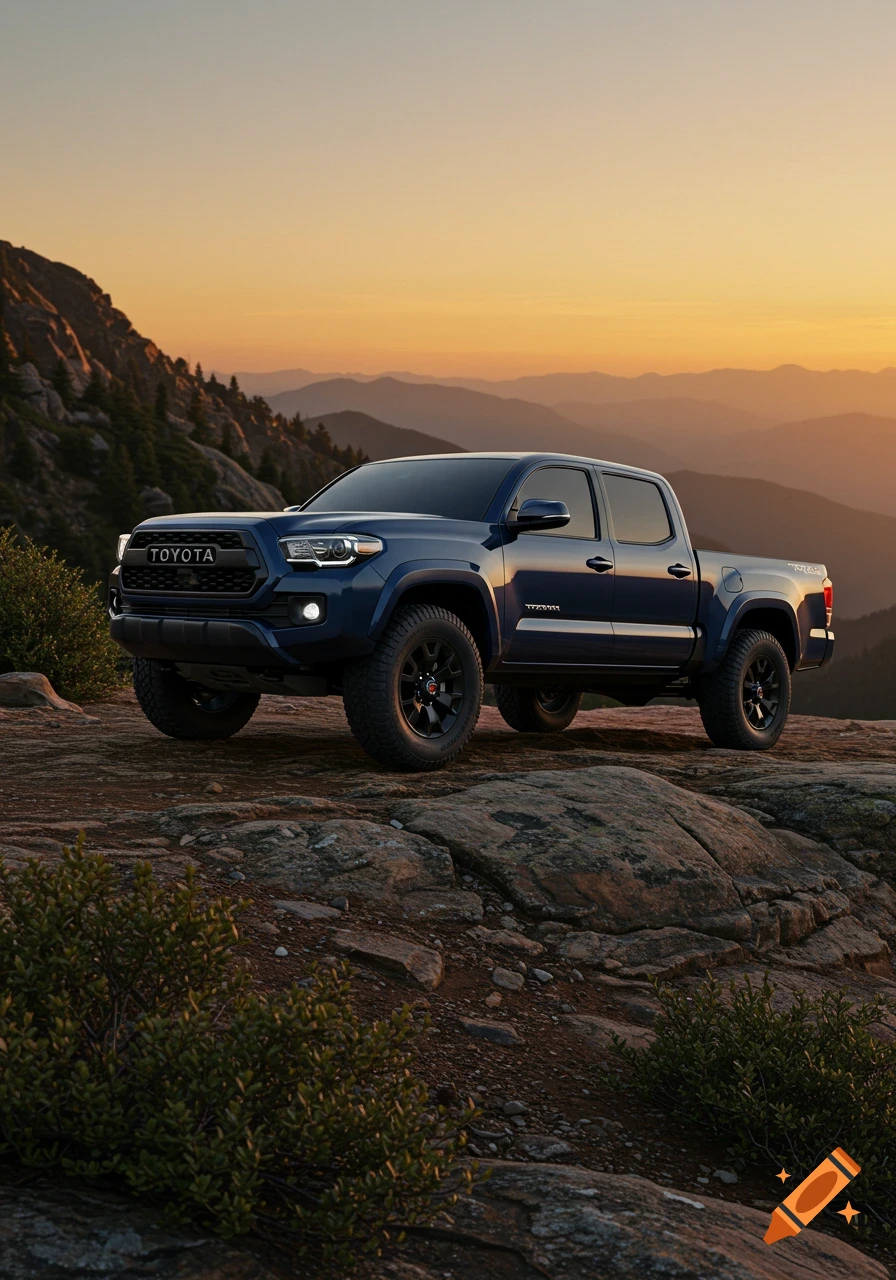 A dark blue Toyota Tacoma truck with off-road tires on a rocky mountain peak at sunset, mountains in the background.