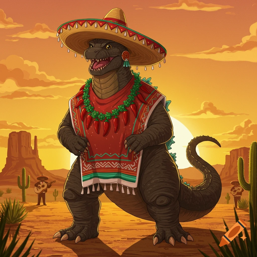 Cartoon Godzilla wearing a sombrero, poncho, and chili pepper necklace, standing in a desert landscape with mariachi figures.