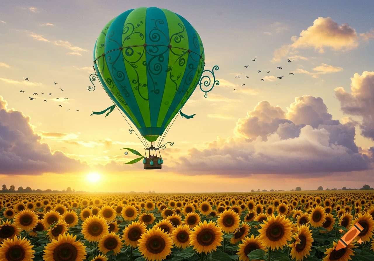 Green and blue hot air balloon over a field of sunflowers at sunset, with birds in the sky.