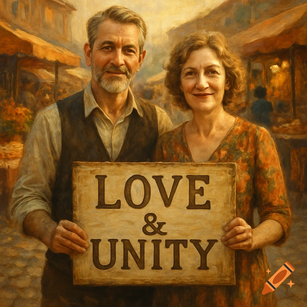 A man and a woman in a painterly style hold a wooden sign that reads "LOVE & UNITY".