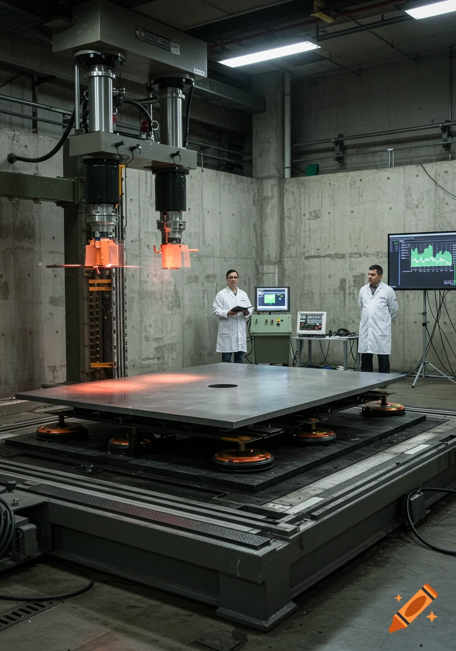 Two scientists in lab coats observe a large industrial machine testing a metal plate with glowing red elements in a concrete lab.