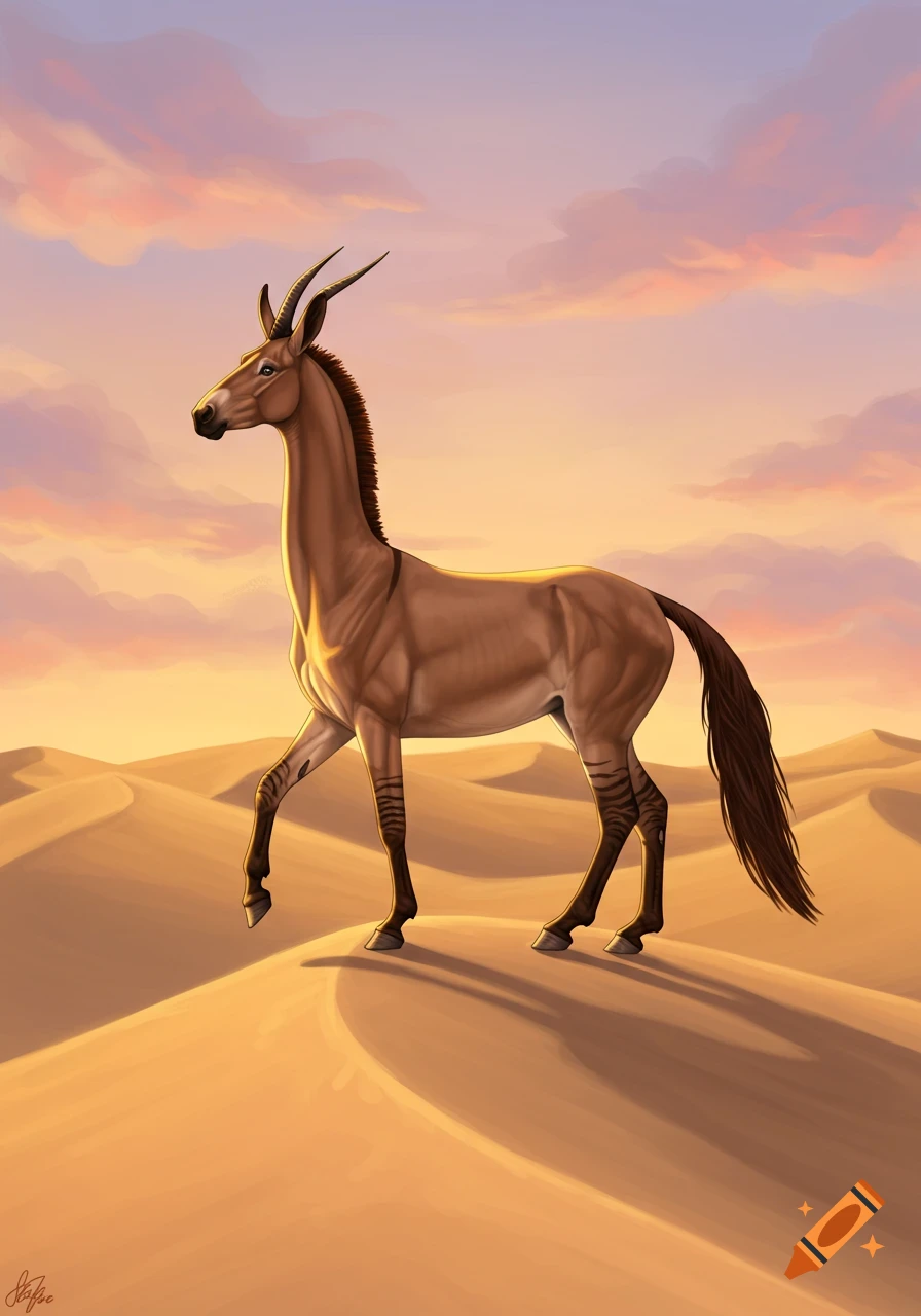 A stylized onager-like creature with a long neck walks across desert dunes under a sunset sky.
