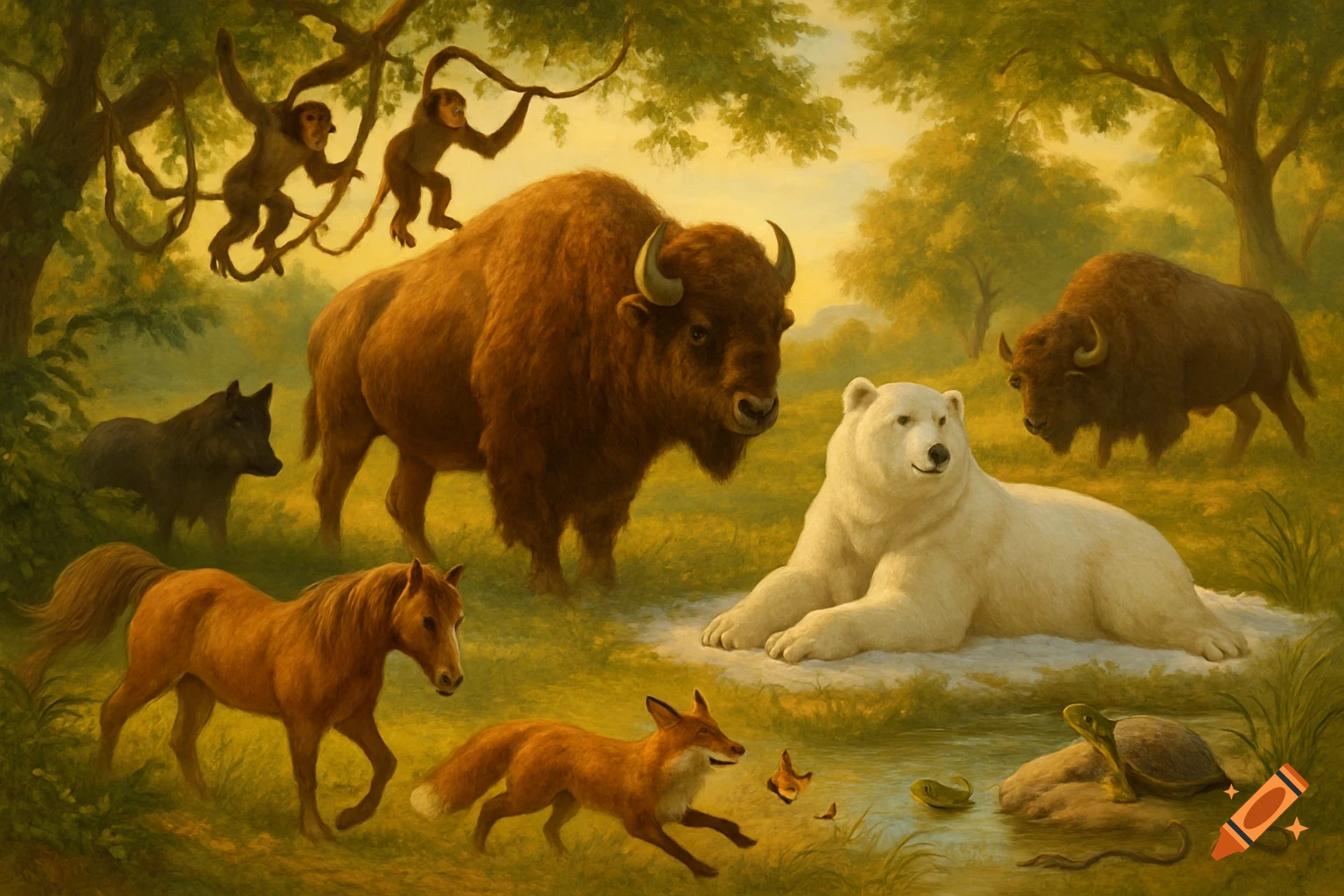 A variety of wild animals, including a bison, polar bear, monkeys, horse, wolf, fox, turtle, and frog, gather in a lush forest clearing, painted in a realistic style.