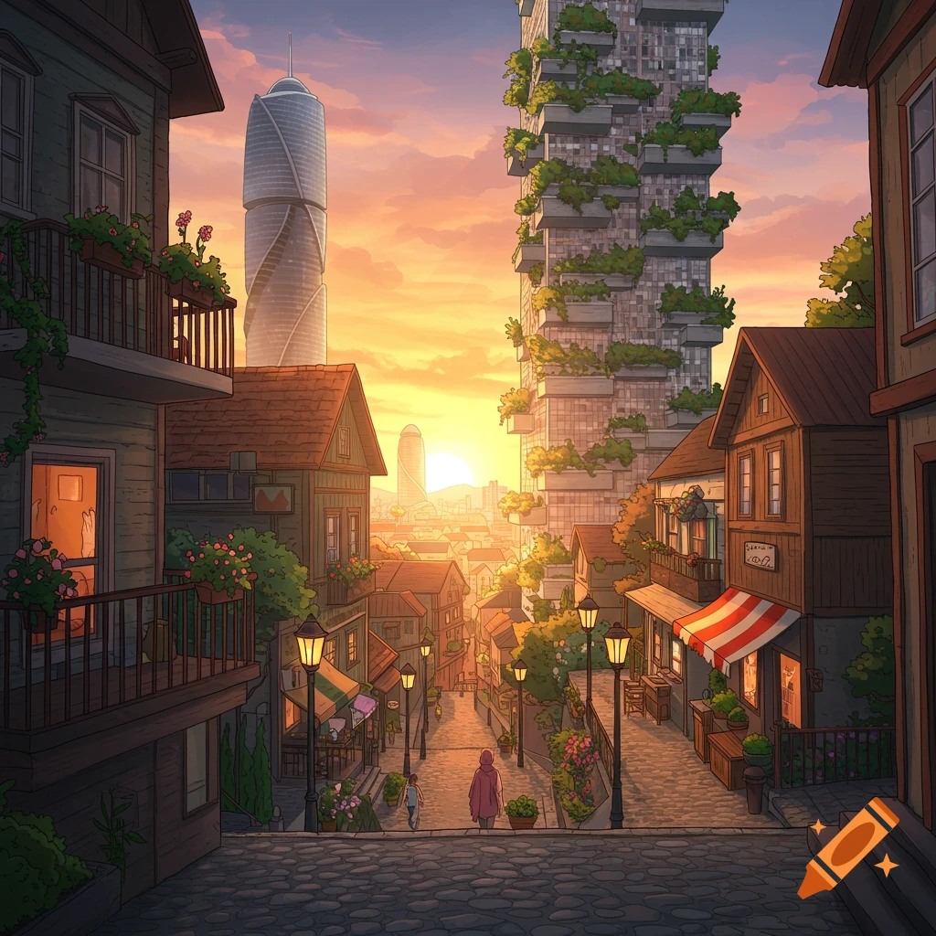 Illustrated cityscape at sunset, with traditional houses lining a cobblestone street where people walk, flanked by modern skyscrapers.