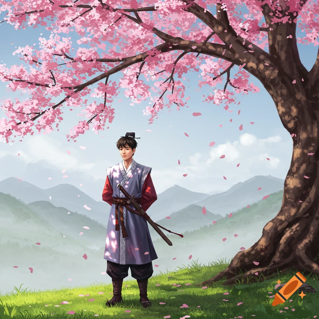 An anime-style male disciple in traditional attire stands under a cherry blossom tree, with mountains in the background.