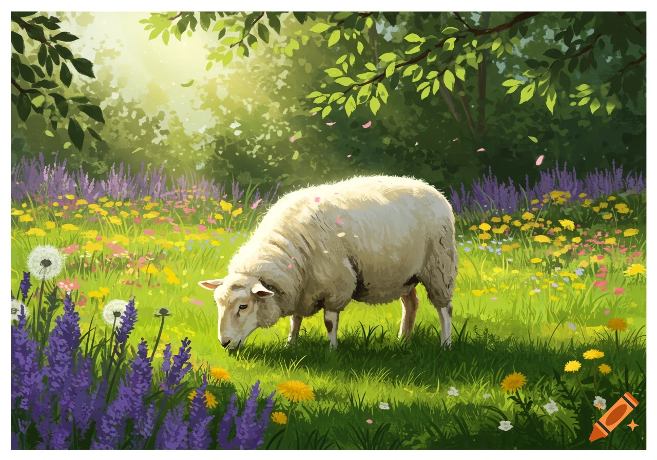 An illustrated white sheep grazes in a vibrant meadow of colorful wildflowers and green trees under sunny skies.