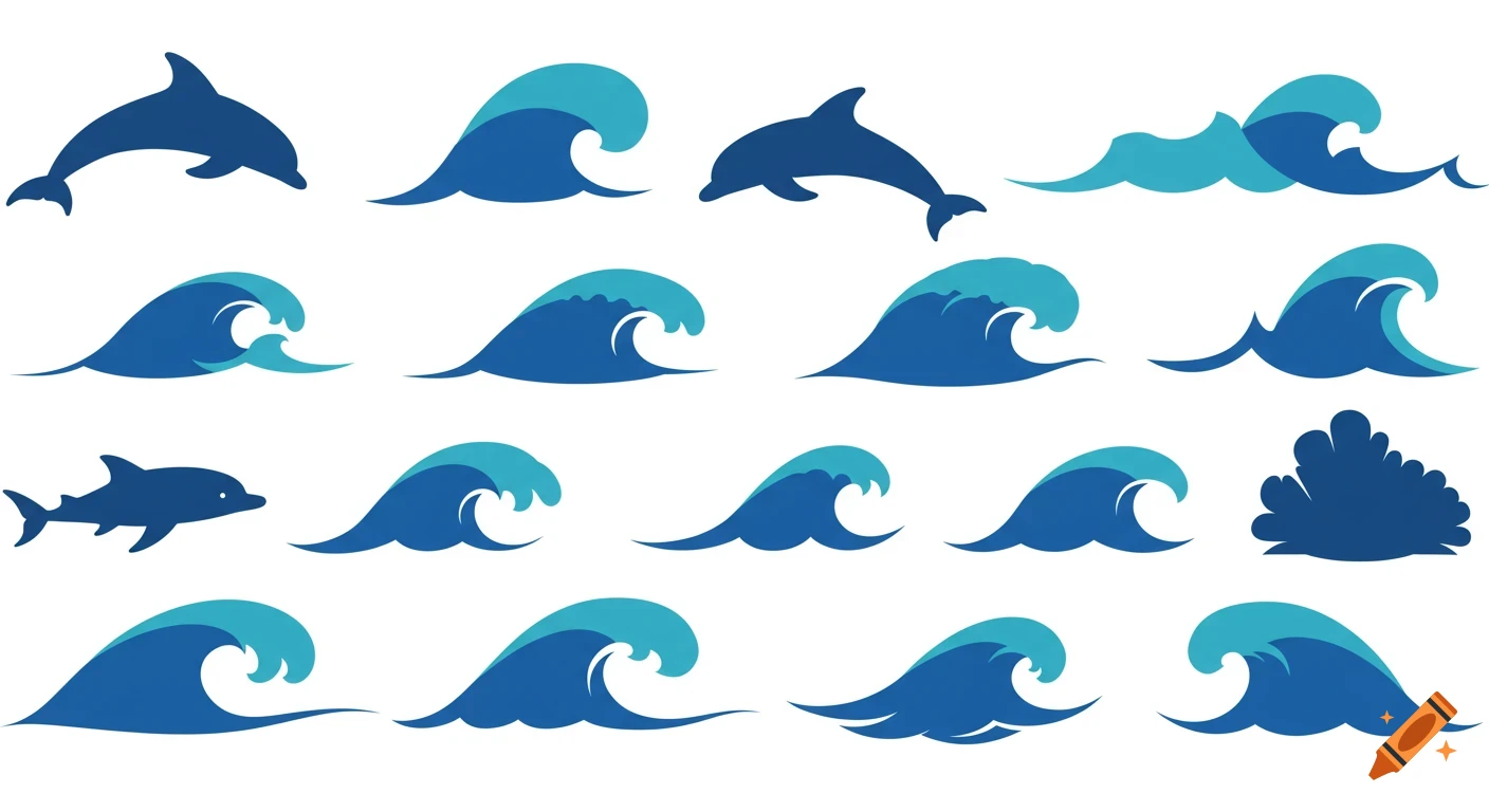 Minimalist blue vector silhouettes of dolphins and waves on a white background.