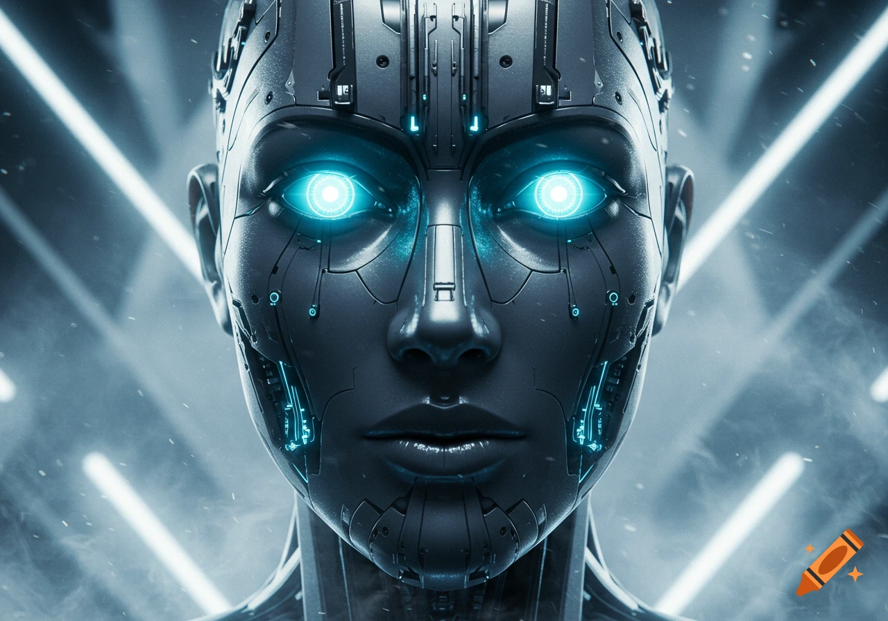 A close-up, photorealistic image of a futuristic humanoid robot's face with intricate metallic textures and glowing blue eyes.