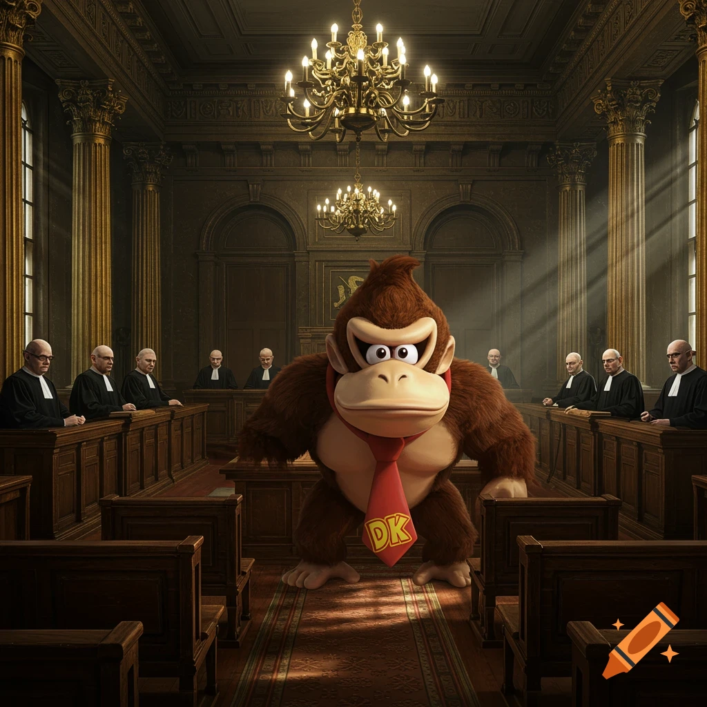 Donkey Kong stands in a grand, photorealistic courtroom with several robed judges seated in the background.