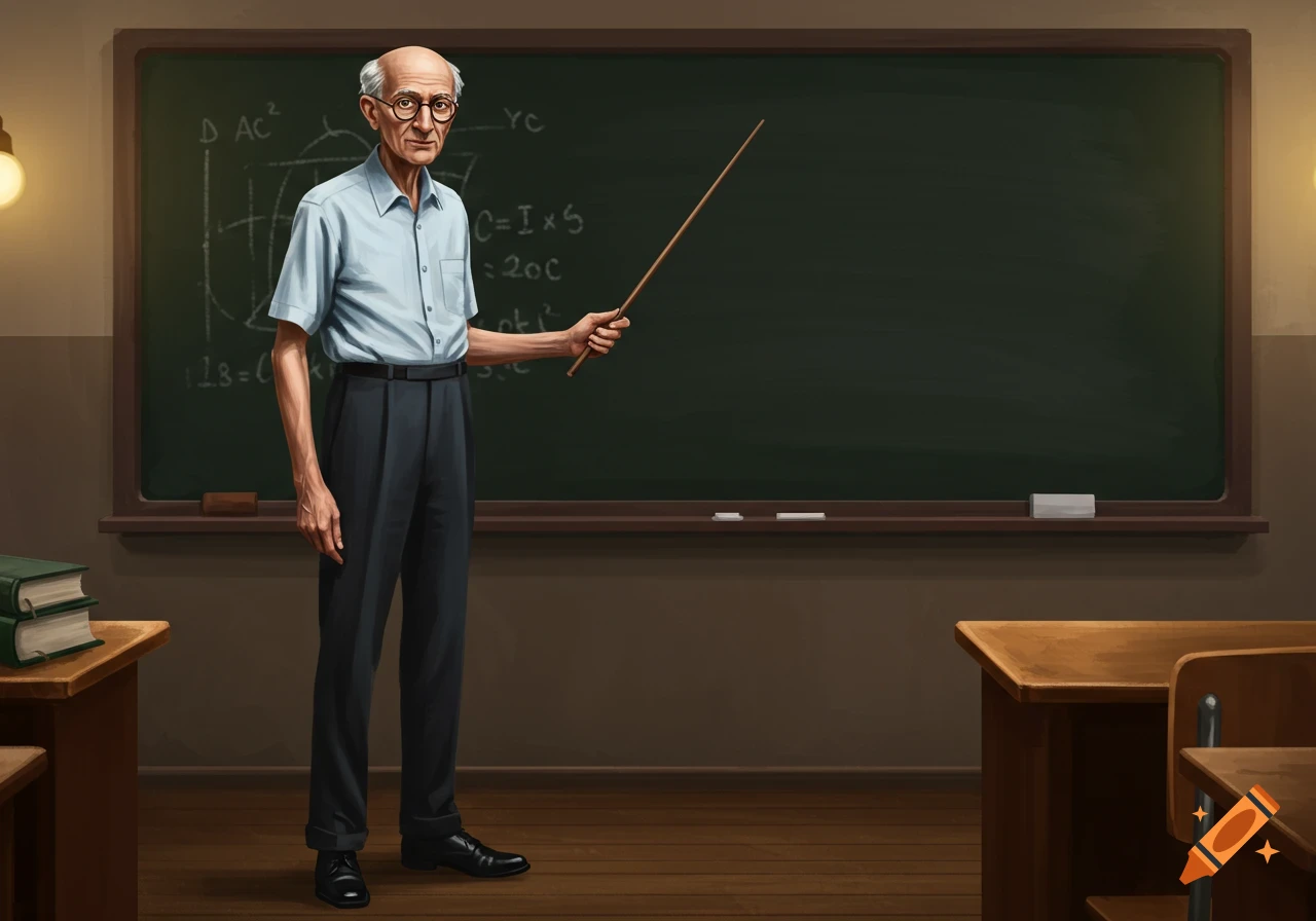 An old, bald professor with glasses, wearing a light blue shirt and dark trousers, stands in a classroom holding a wooden pointer against a blackboard with illegible math. Illustration style.
