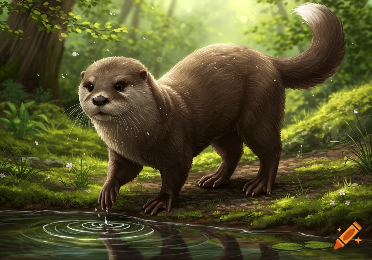 A brown furry otter-like creature stands by the water's edge in a lush green forest, dappled with sunlight.