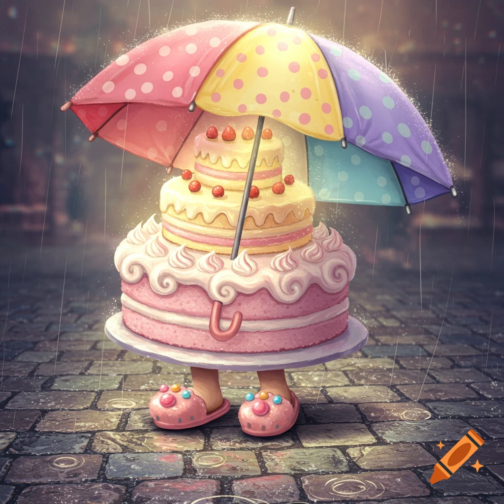 A whimsical tiered cake with an umbrella and human-like feet in pink slippers stands in the rain on a cobblestone street.