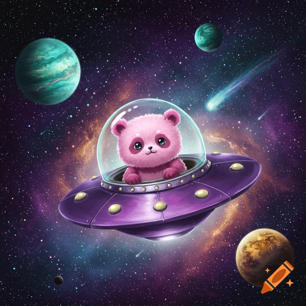 A cute pink baby panda-like alien in a purple UFO with a clear helmet floats through a vibrant, starry galaxy with planets.