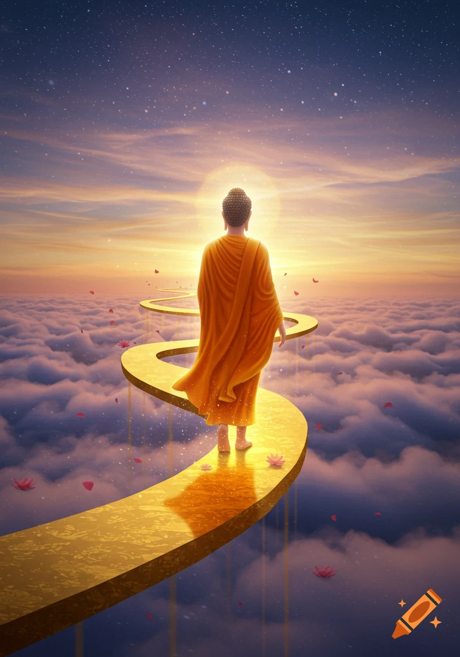 Buddha in orange robes walks on a winding golden path above clouds, under a starry sunset sky.