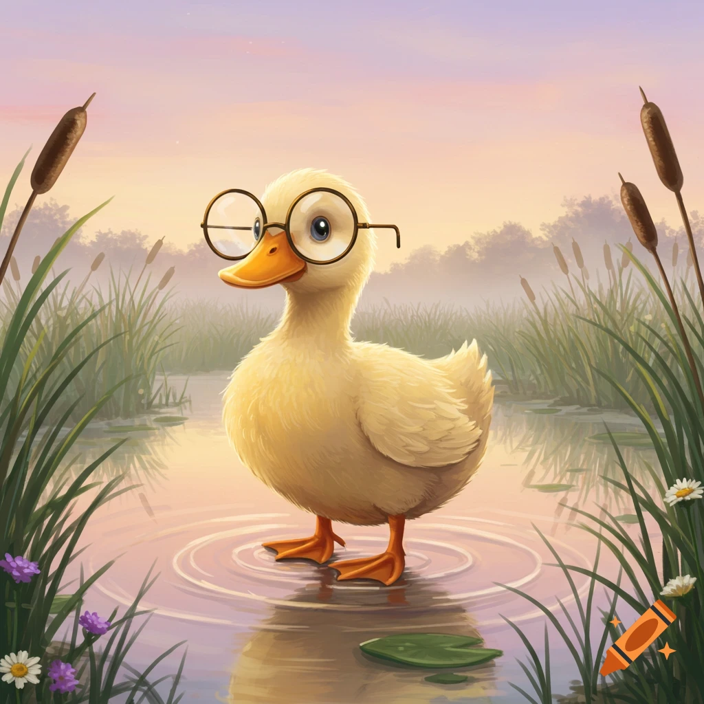 An illustration of a cute yellow duckling wearing round glasses, standing in a pond with reeds and wildflowers at sunrise.