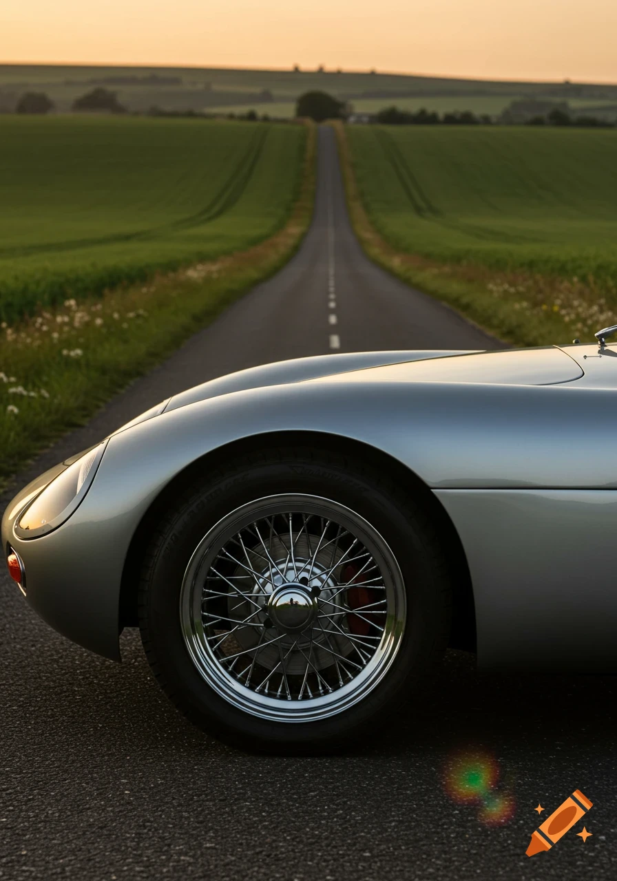 A silver classic sports car is parked on a long, empty road that winds through green fields at sunset.