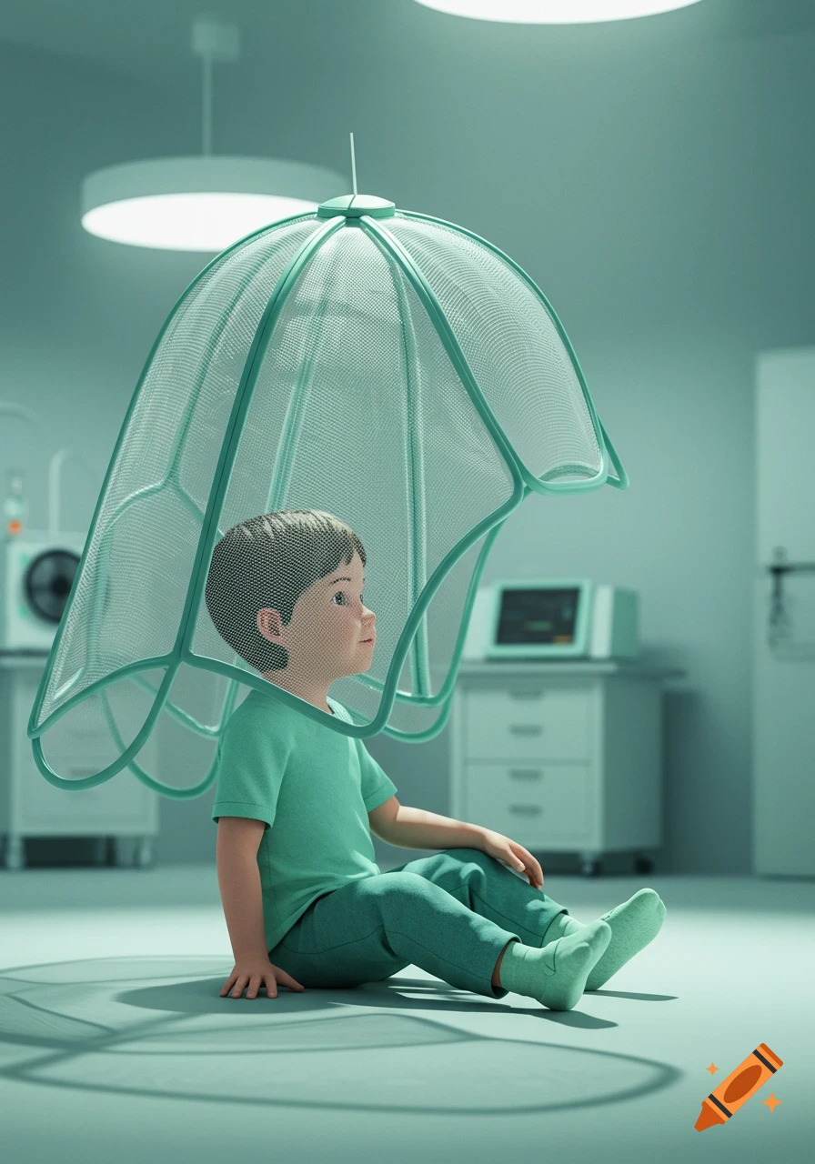 A young child sits on a light teal floor under a transparent mesh canopy in a clinical setting.