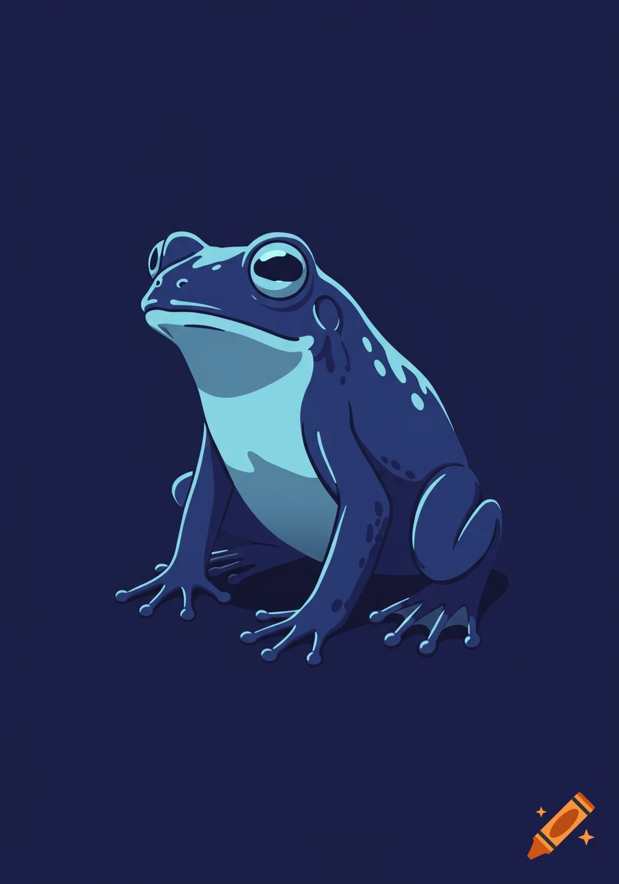 A stylized illustration of a dark blue frog with light blue accents on a solid dark blue background.