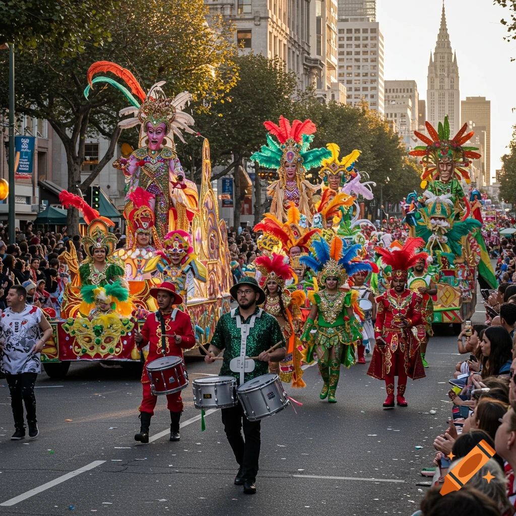 A vibrant carnival parade with people in elaborate, colorful feathered costumes and drummers marching down a sunny city street.