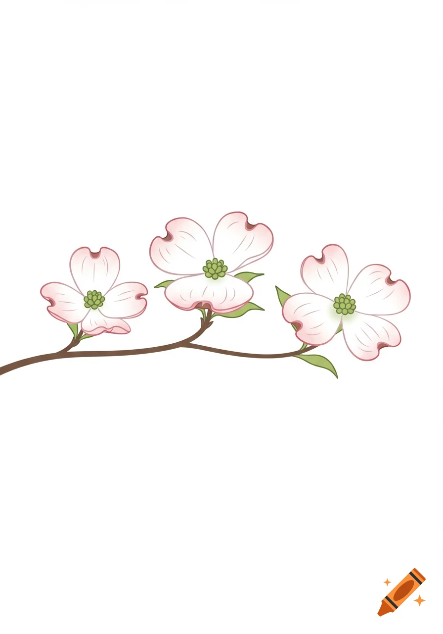 Three pink and white dogwood blossoms with green centers on a brown branch against a white background.
