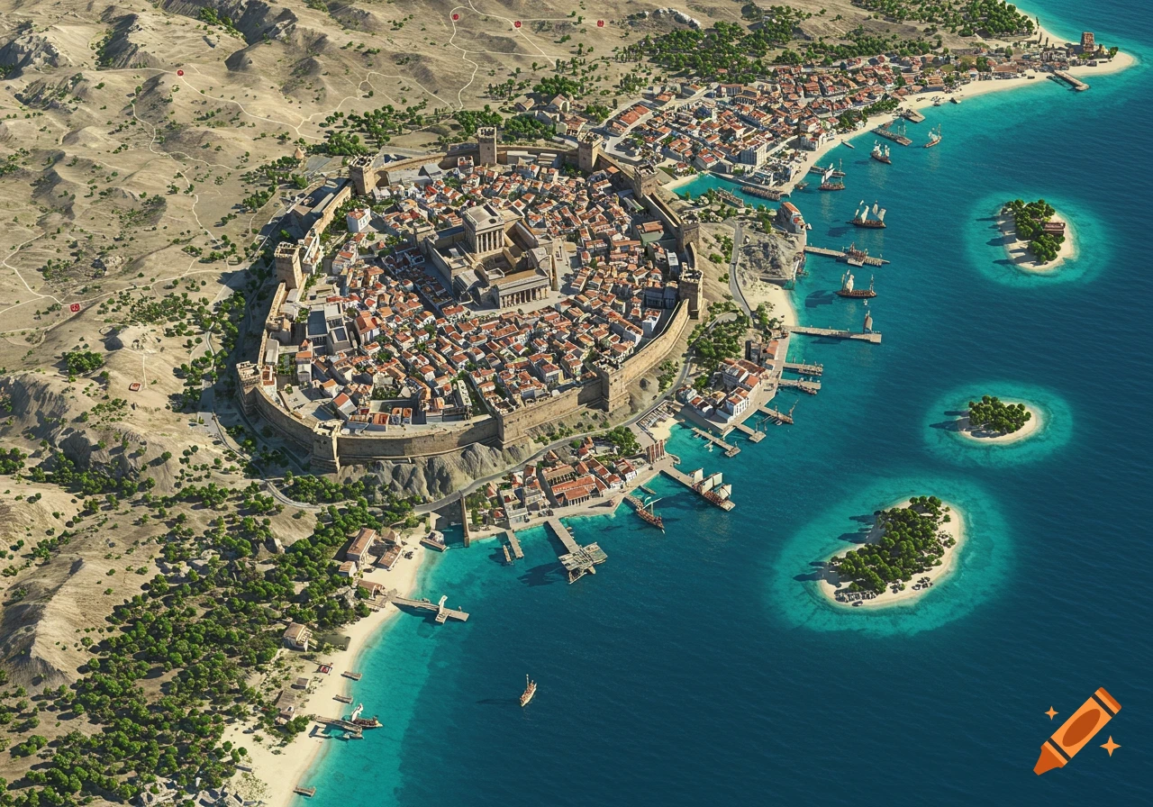 Aerial view of a walled ancient Greek city on a coastline with a large port, ships, and small islands in the turquoise sea.
