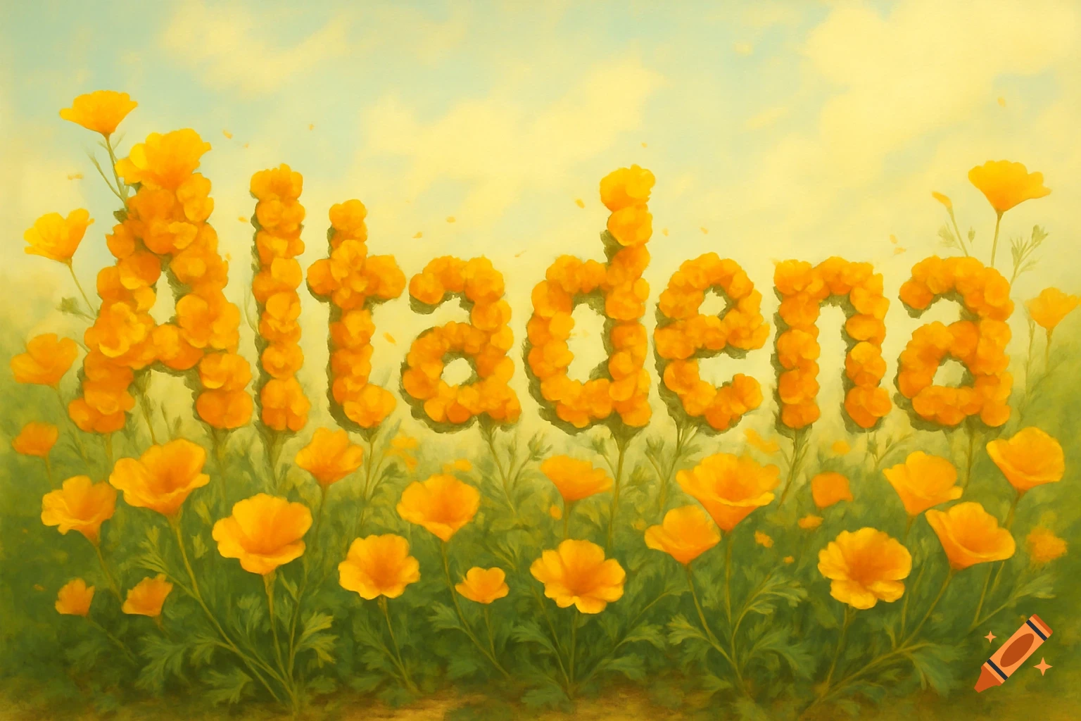 The word Altadena spelled out with orange California poppy flowers in a green field under a yellow sky, painterly style.