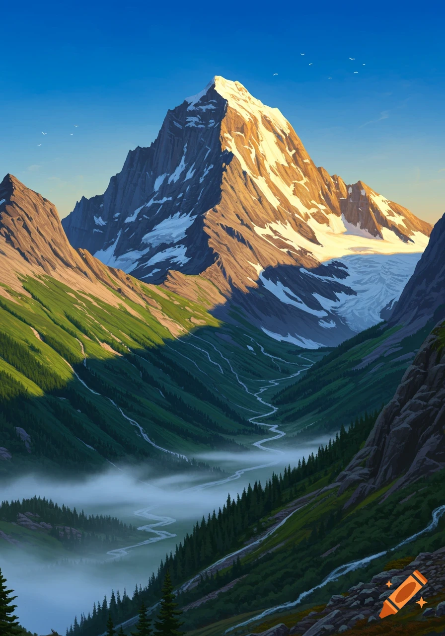 A stylized illustration of a snow-capped mountain overlooking a winding river valley shrouded in mist and evergreen forests.