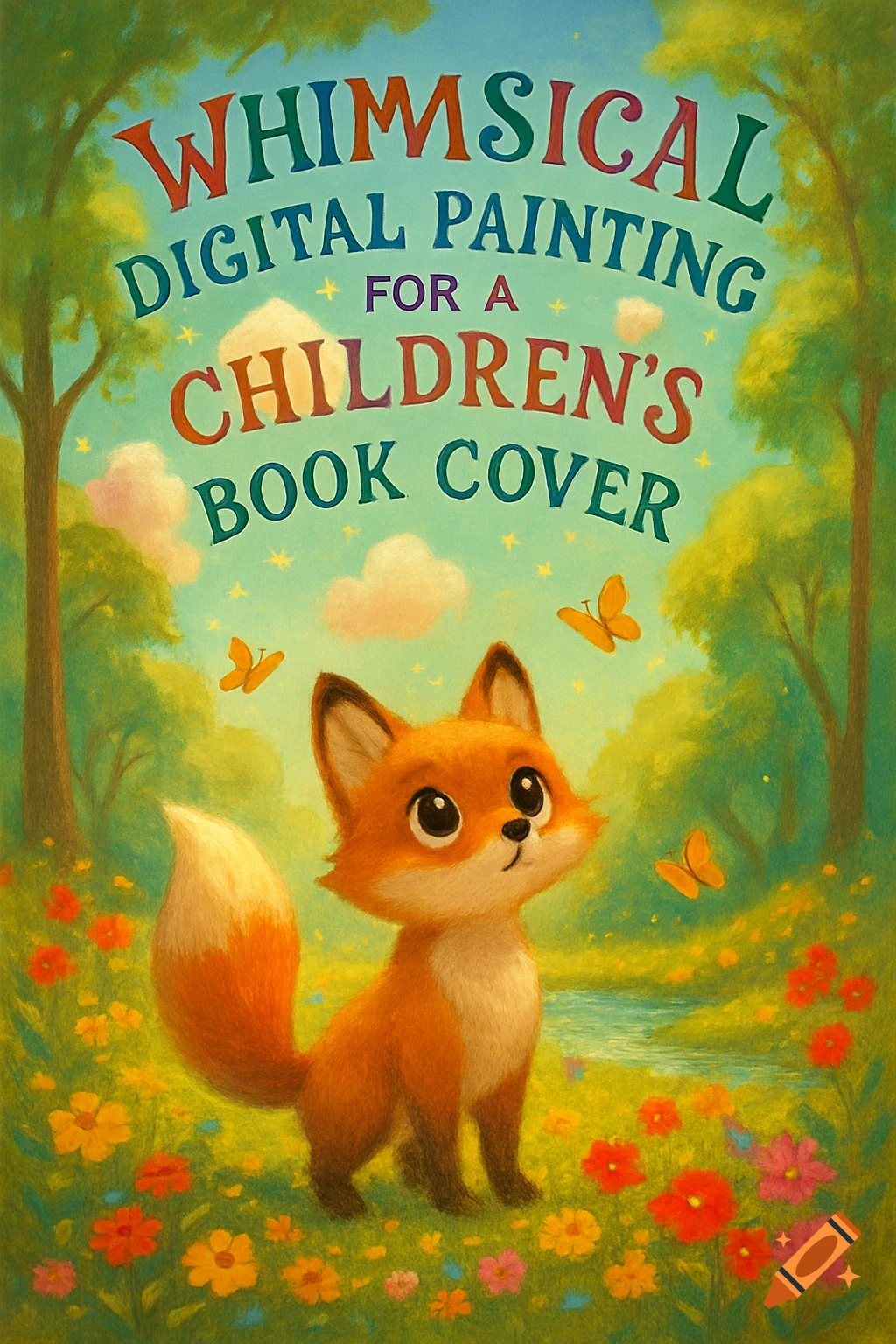Whimsical digital painting for a children's book cover, featuring a cute fox in a colorful flowery meadow.