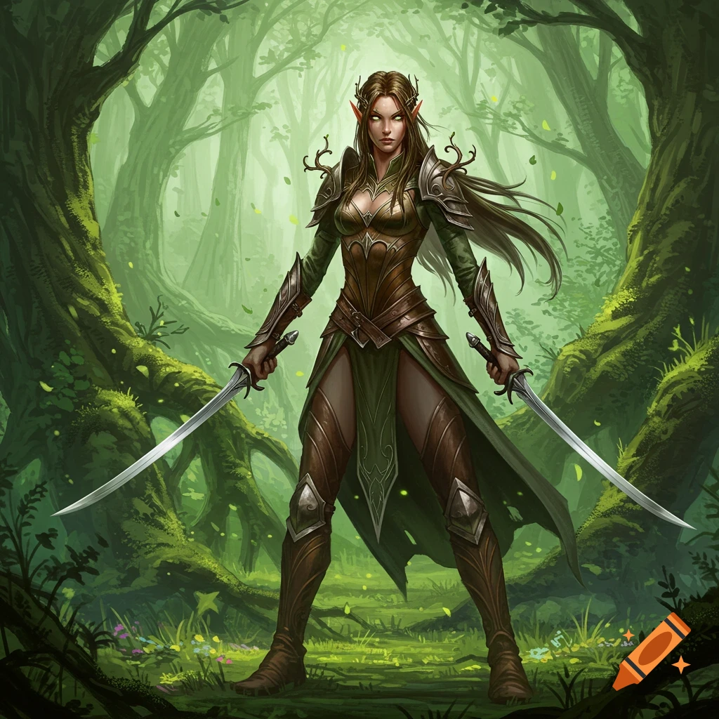 A female elf warrior in green and brown armor stands with two swords in a vibrant green forest.