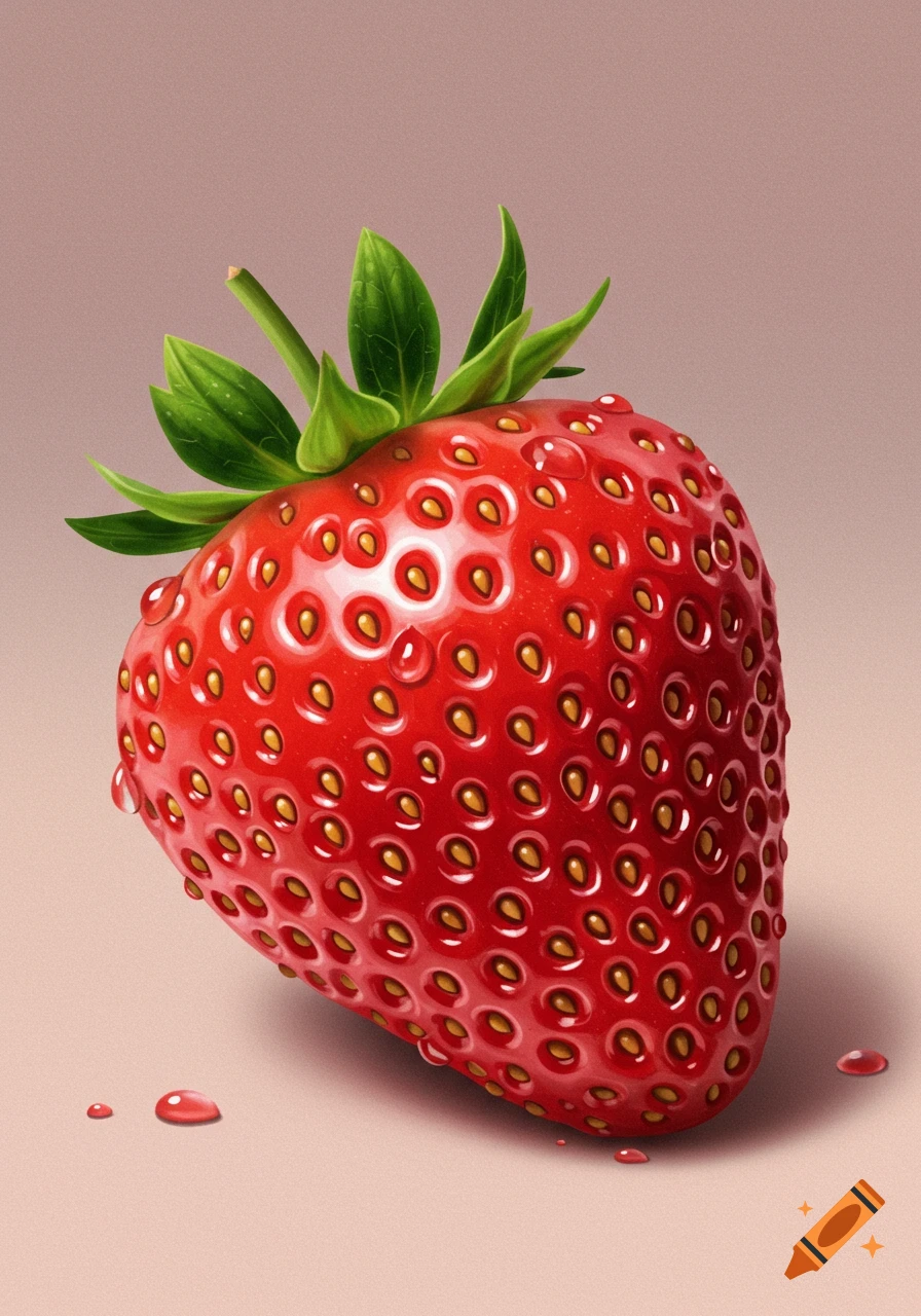 A vibrant red strawberry with green leaves and glistening water droplets on a light pink background, illustration.