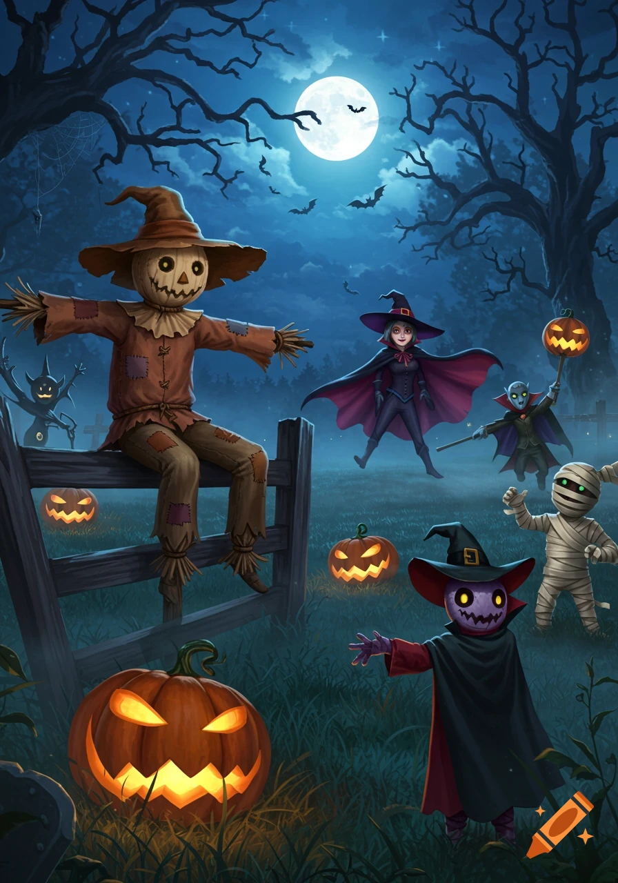 A spooky Halloween illustration featuring a scarecrow, witch, mummy, vampire, and glowing jack-o'-lanterns under a full moon.