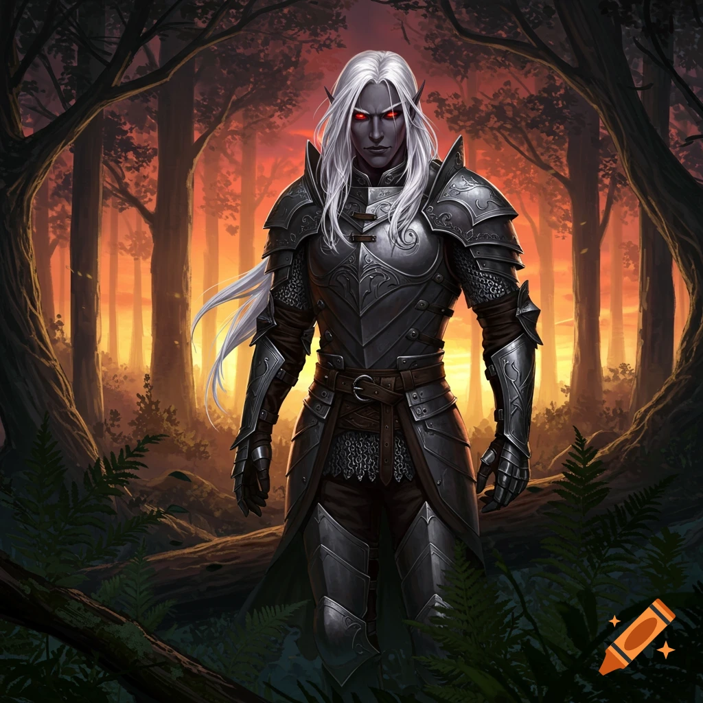 A dark-skinned elf with long white hair and glowing red eyes in intricate medieval armor stands in a sunset forest.