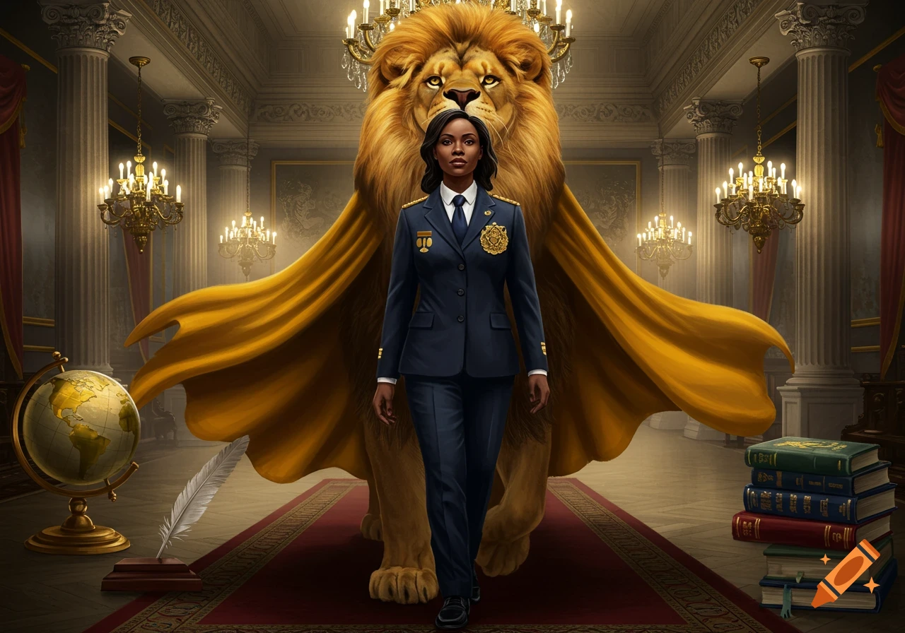A woman in a dark uniform walks forward with a large golden lion whose mane forms a cape in a grand hall.