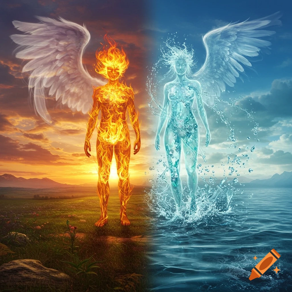 A vibrant fantasy image of a fire winged figure and a water winged figure side-by-side, representing elemental duality.