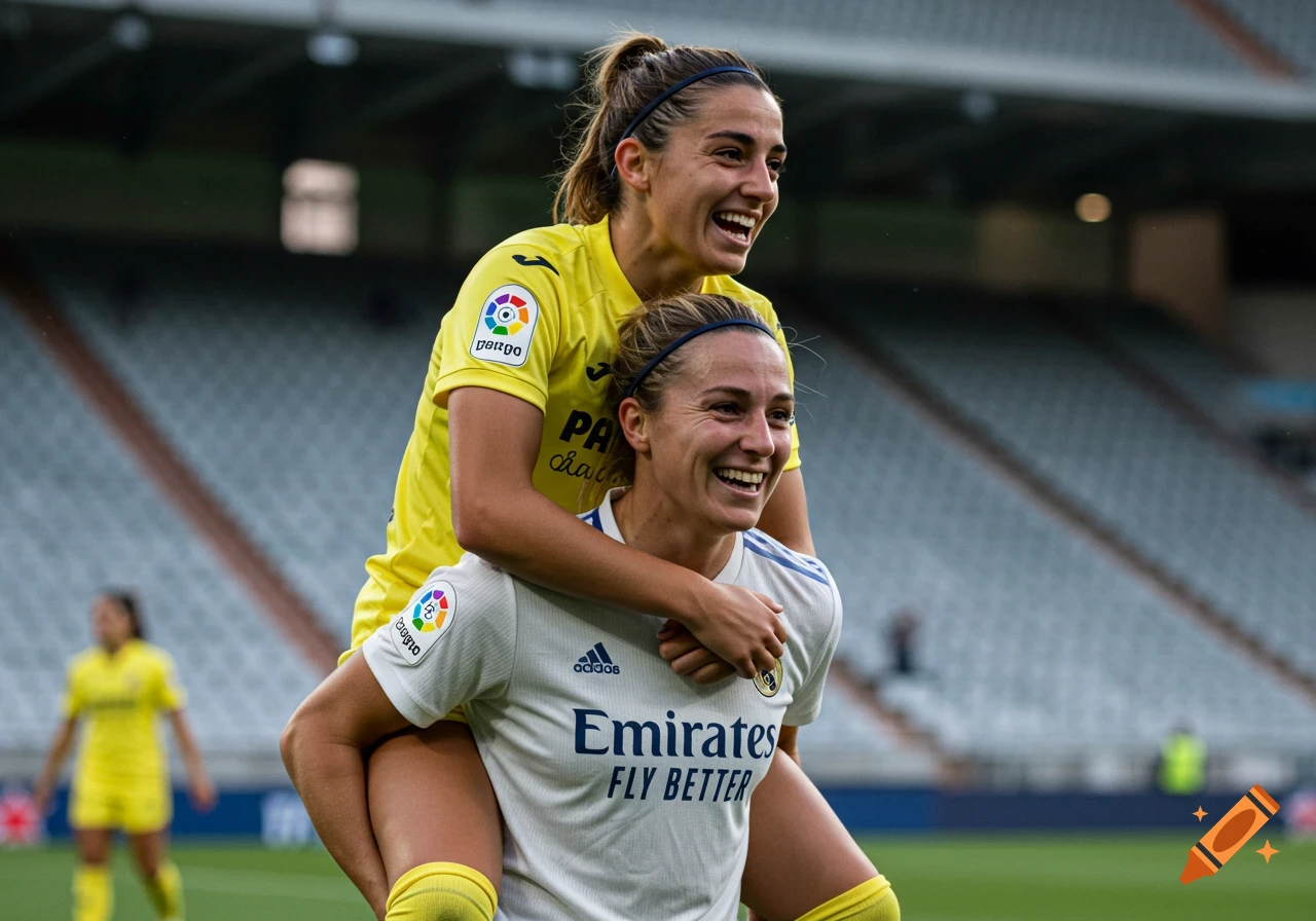 Two smiling women soccer players, one in a white jersey carrying another in a yellow jersey piggyback on a green field in a stadium.